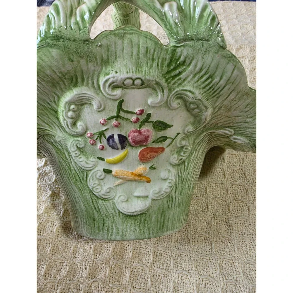 Vintage Green Cabbage Leaf Ceramic Basket Fruit Bowl